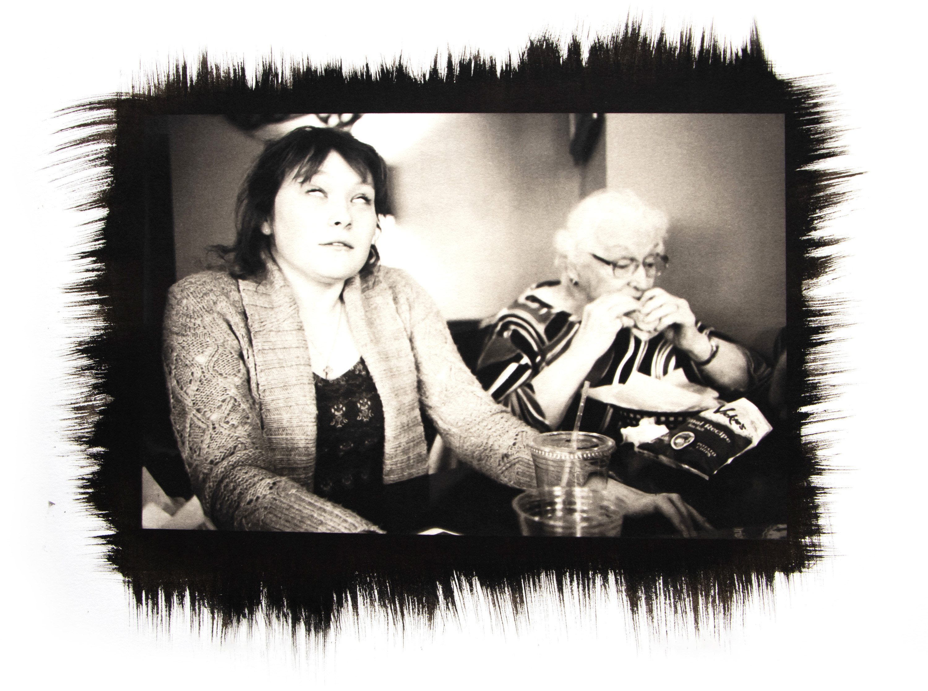 platinum palladium photograph print of two people eating lunch in virginia beach